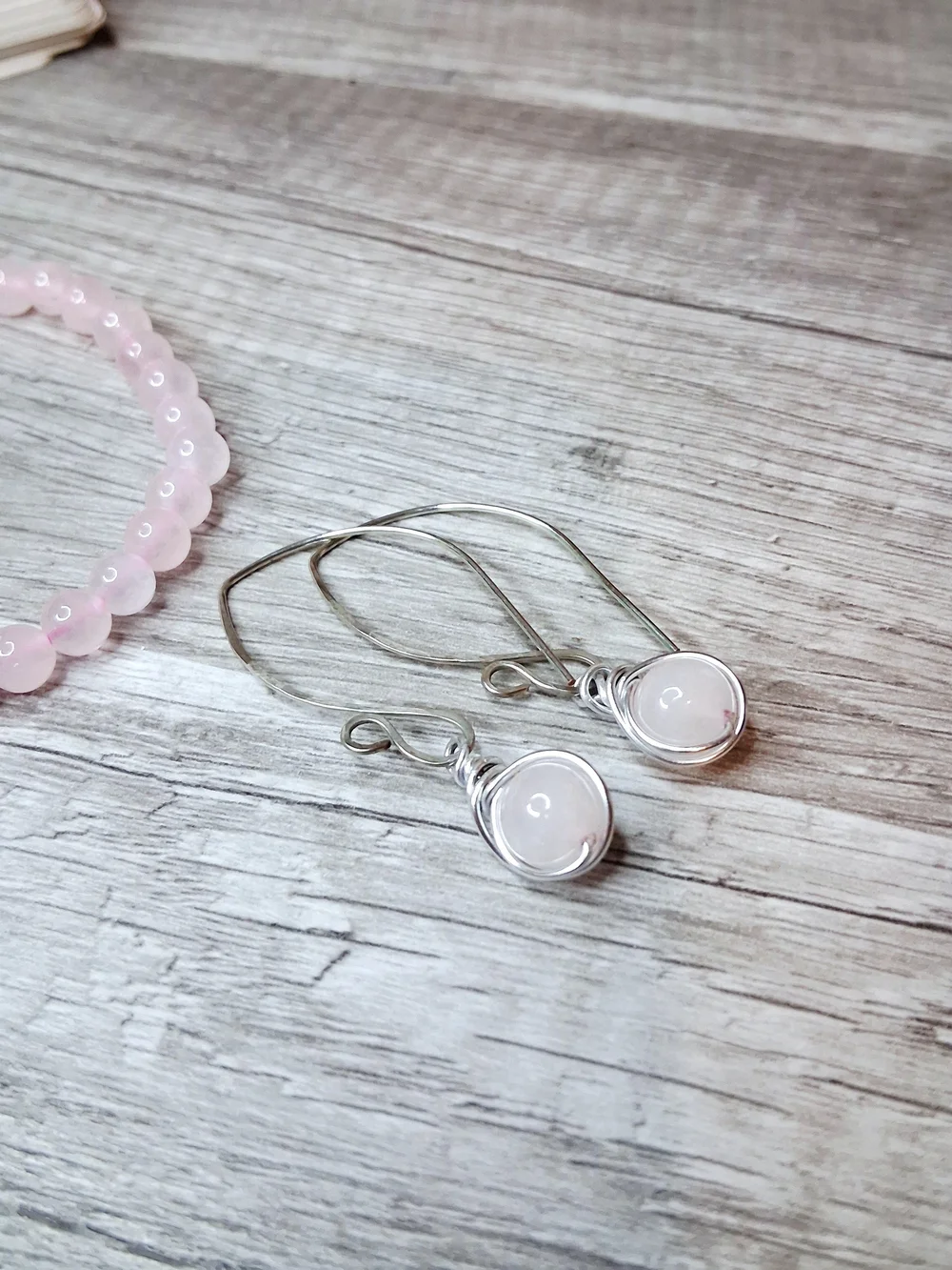Rose Quartz Tower Bracelet & Drop Earrings Gift Set, 3 Piece Crystal Bundle